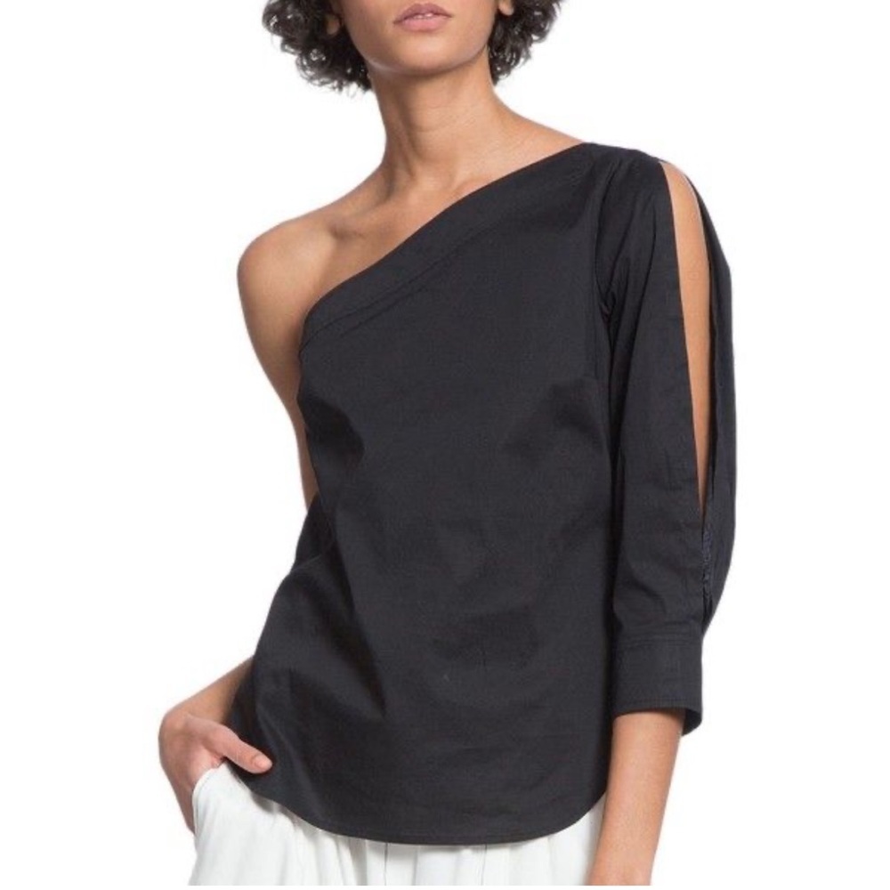 Tracy Reese One Shoulder Top Blouse Black Open Sleeve Side Button Up
